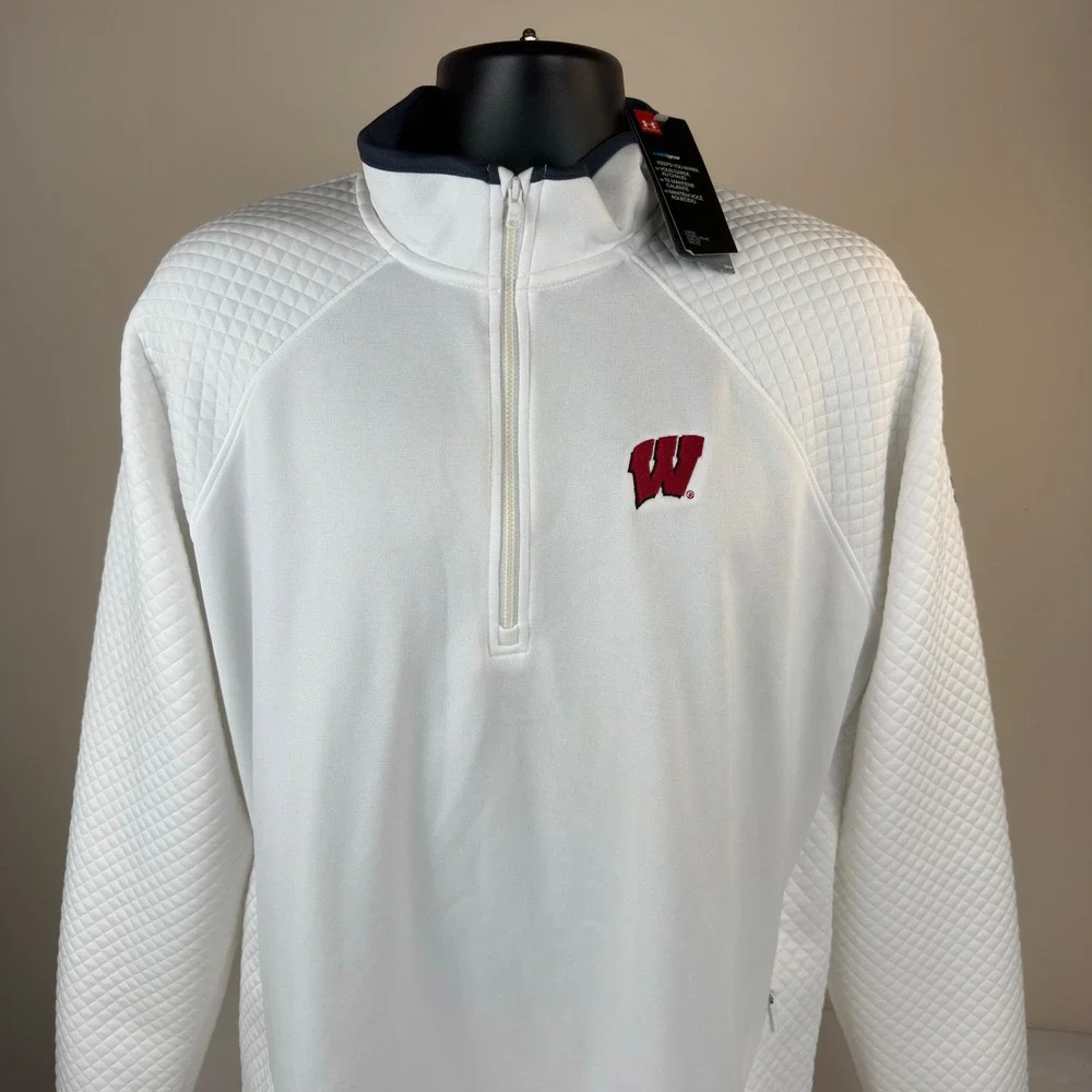 Under Armour Wisconsin Badgers ColdGear Quilted‎ 1/4 Zip Pullover White Mens XL